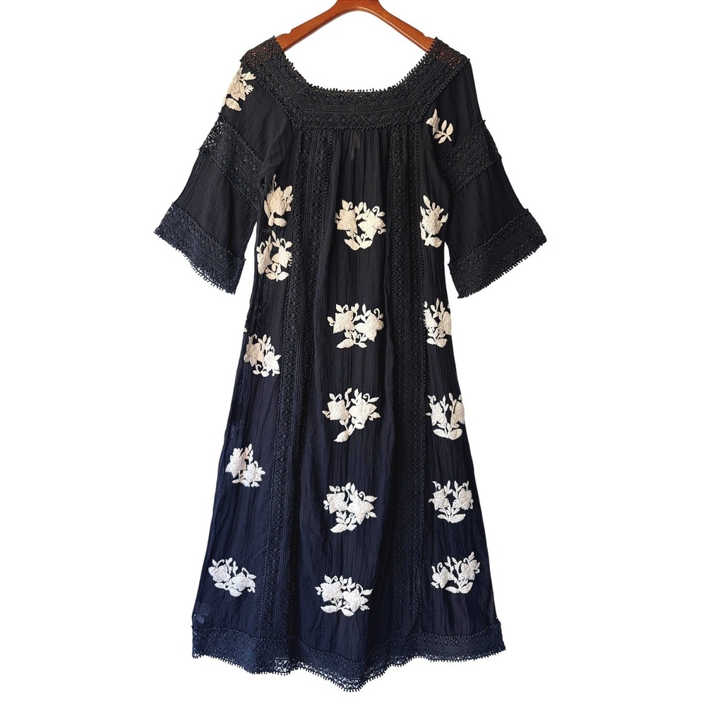 Florabella Black Cotton Embroidered Crochet Lace Peasant Maxi Dress Resort Boho